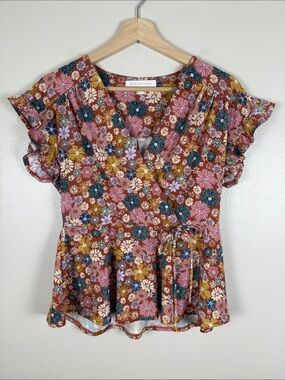 Monteau Rust Floral Peplum Blouse with Pink, Yellow & Navy Accents